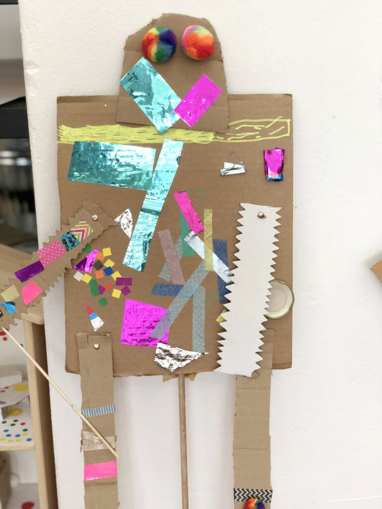 Robot puppet created using cardboard & other recycled materials