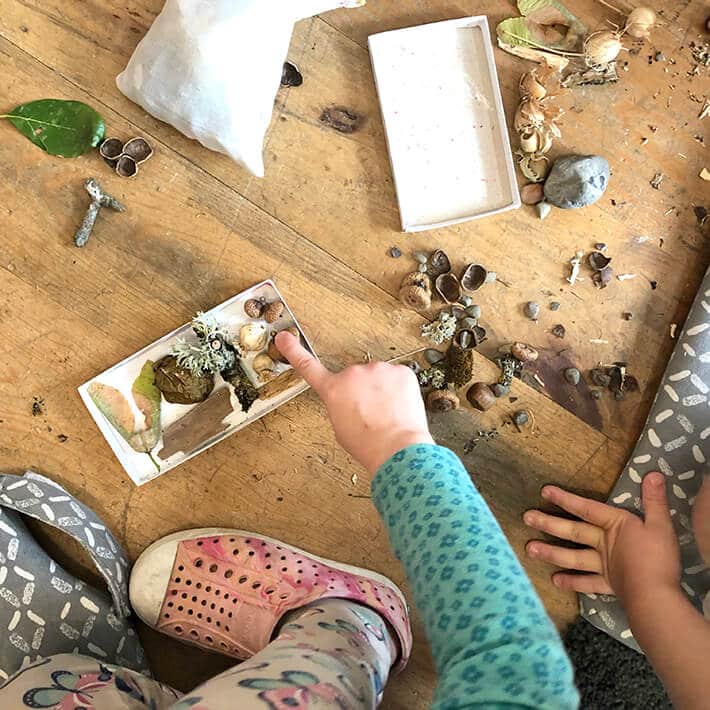 Child pointing to collected nature materials in small box