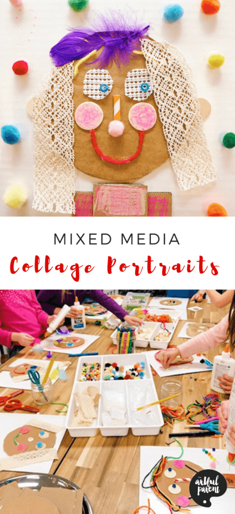 Explore texture with these adorable mixed media collage portraits for kids! Use cardboard as a base & create features with any collage materials on hand. #artsandcrafts #sensory #sensoryactivity #kidscrafts #cardboard #recycledcraft #preschoolers