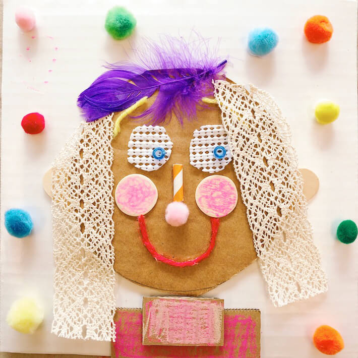 Mixed media collage portrait with colored pom poms in background