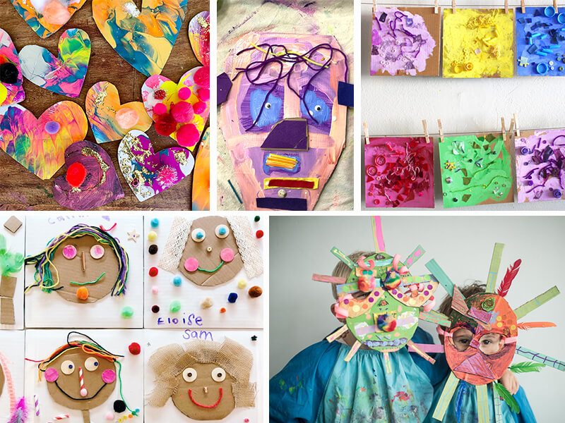 Recycled art projects for kids – Cardboard Hearts, Animal Masks, Monochrome Collage Paintings, Mixed media collage portraits and animal masks
