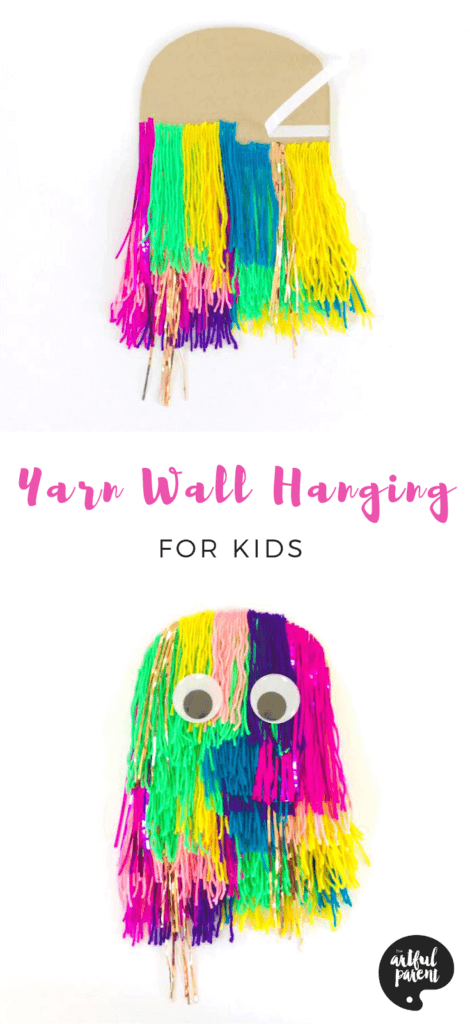 Create a bright, colorful wall hanging OR a wooly wall monster? Your choice to make with this amazing textile activity! Project & post by Laura & Emily of MAKE Art School. #sensory #kidscrafts #artsandcrafts #craftsforkids #handmadegifts #creativehome #yarnwallhanging