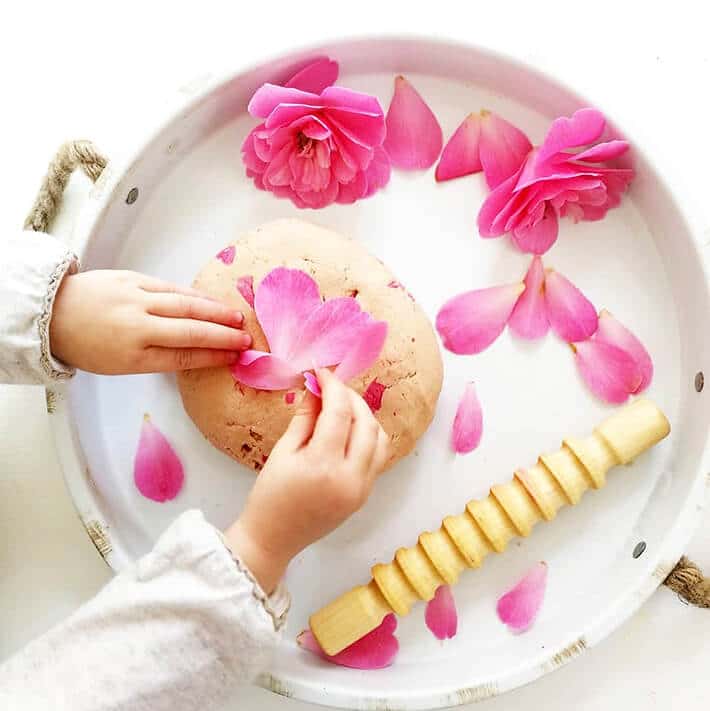 Make and play with petal playdough–a great nature based art idea for toddlers