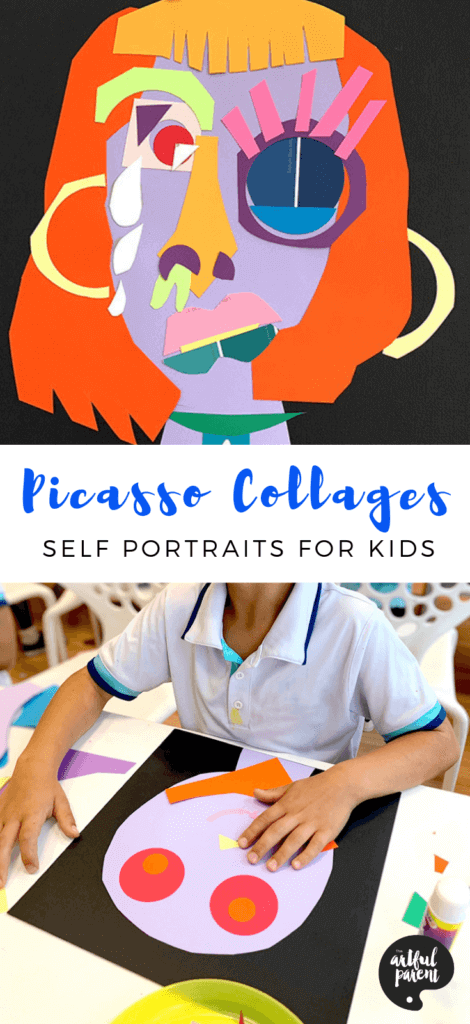 These colorful Picasso collages help kids explore identity as they create self portraits by cutting and assembling paper. #preschoolers #kidsactivities #kidsart #artsandcrafts #artforkids #picasso