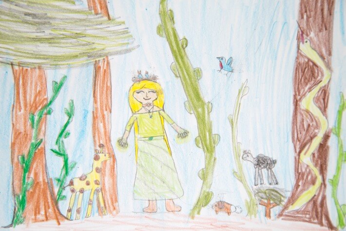 Daphne's superhero self portrait with powers to help plants and animals. 