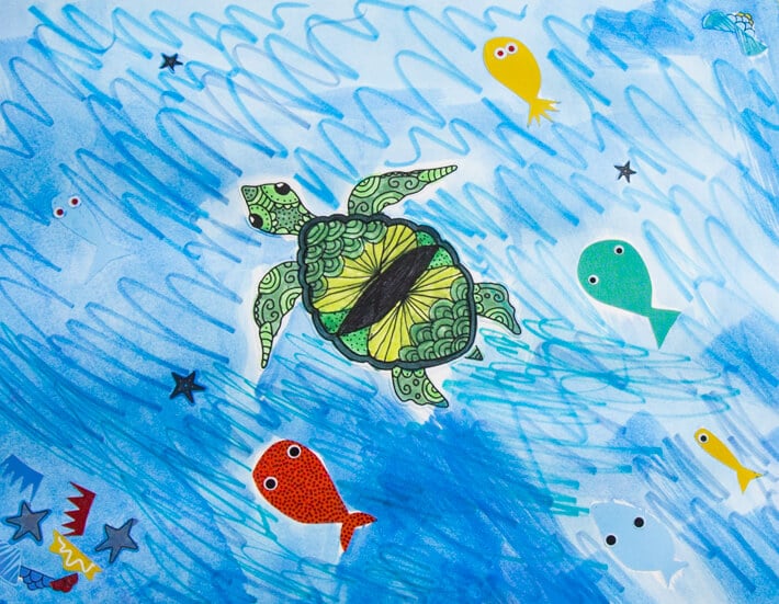 Decorate your own turtle sticker for kids and build-a-fish stickers in use