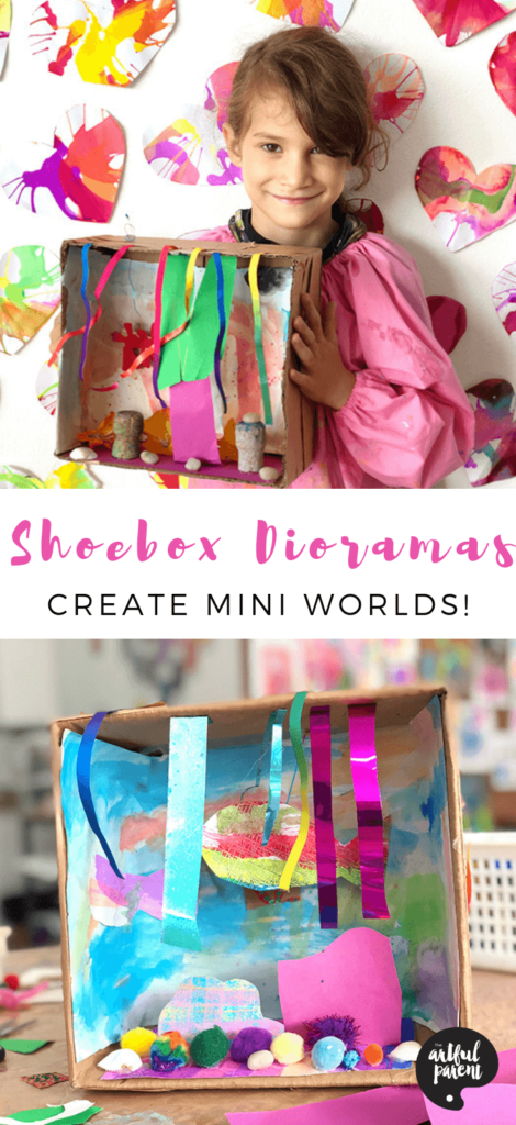 Imaginary mini worlds are so fun to create with these awesome shoebox dioramas for kids. Pick a theme or keep it open-ended. Works great as a multi-day project to keep adding to! #artsandcrafts #kidscrafts #craftsforkids #preschoolers #toddlers #kidsactivities #cardboard #recycledcraft #upcycled