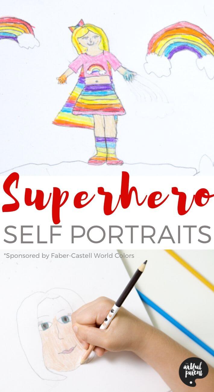 Superhero self portraits for kids (and the FREE PRINTABLES in the post) help them envision their ideal heroic selves and face challenges in everyday life. #ad #kidsart #superhero #selfportrait #kidsactivities #kidsdrawing