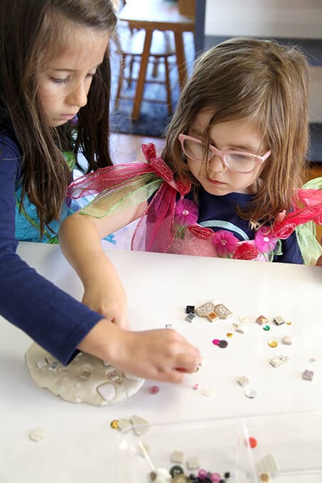 Children creating mosaic art for kids with air dry clay