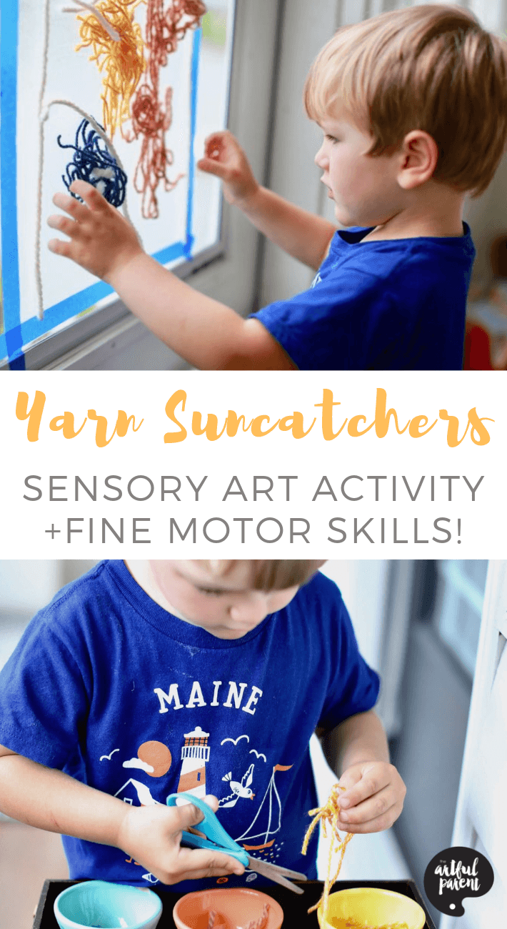 This is a simple fine motor skill activity that toddlers and preschoolers will enjoy! Make the yarn suncatchers by placing cut yarn on the contact paper. #artsandcrafts #kidscrafts #kidsactivity #suncatchers