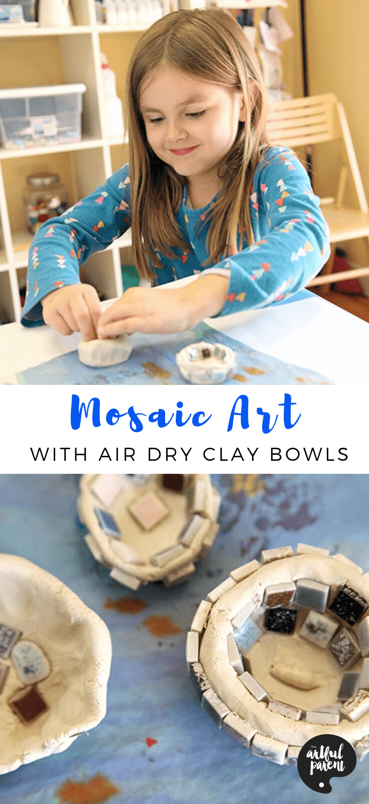 Try making a mosaic tiled bowl or object using upcycled materials and air dry clay. A great tactile mosaic art project for kids! #preschoolers #toddlers #kidsart #artsandcrafts #artforkids #sensory #kidsclayart