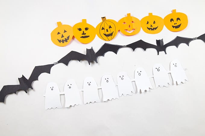 Jack-o-lanterns, bats, and ghost paper chain for Halloween