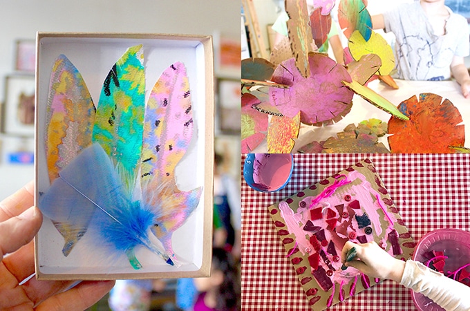 Feather art, cardboard disc sculptures, monochrome collage painting. Photos by Purple Twig Studio