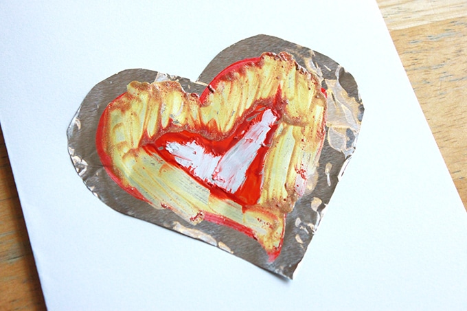 Melted Crayon drawing on foil heart valentines