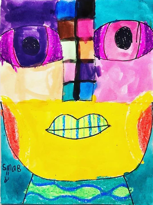 Abstract portraits for kids with oil pastels and watercolor paints