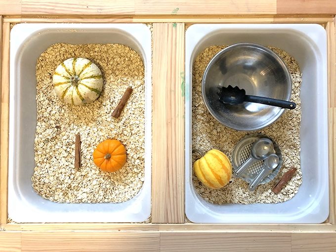 Guords and cinnamon sticks in oatmeal sensory bin with bowls and spoons. 