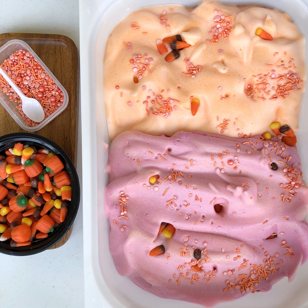 Halloween aquafaba with candy corn and sprinkles.