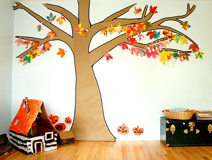 Painted paper leaf tree with Halloween cardboard house