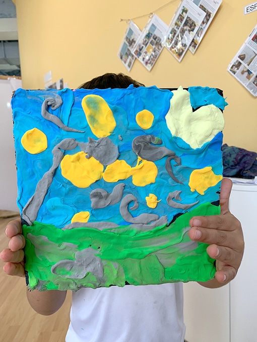 Van Gogh Starry Night painting with clay for kids