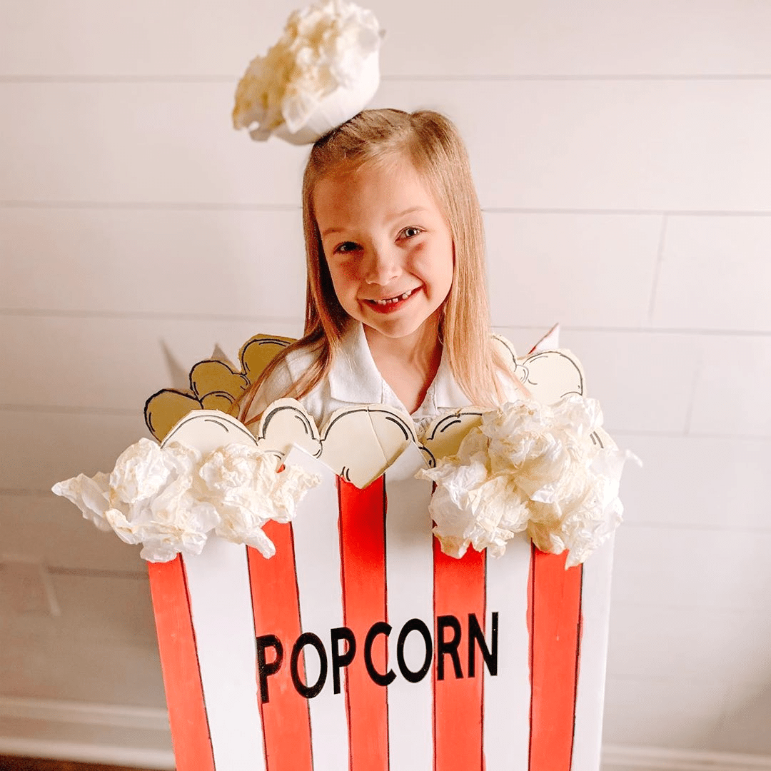 DIY Halloween Costumes for kids– Child dressed as box of popcorn_theholleyhomemaker