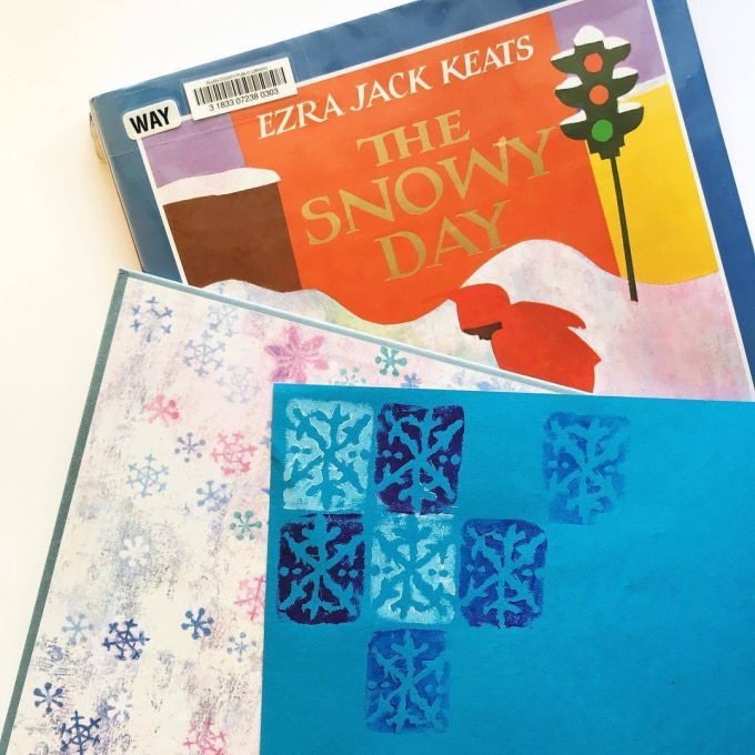 The Snowy Day book with stamp prints