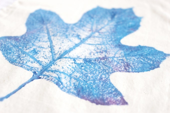 Blue print of leaf on fabric