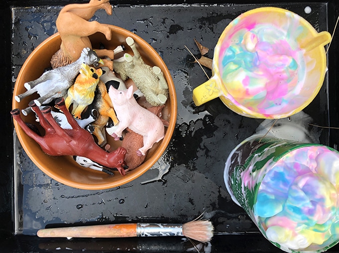 Foam-paint-and-animals preschool art activities 