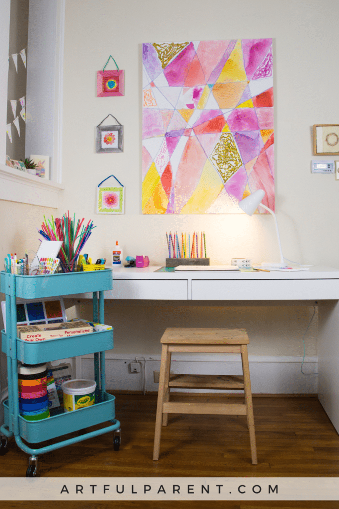 Kids desk and art cart in a kids art space