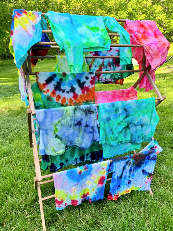 drying rack with dyed shirts
