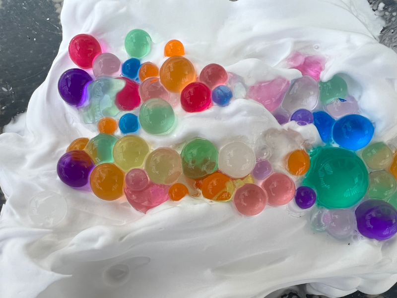 shaving cream and water beads