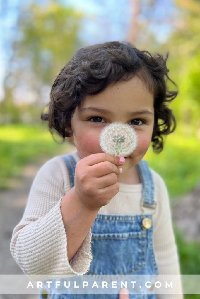 child with dandelion on nature walk