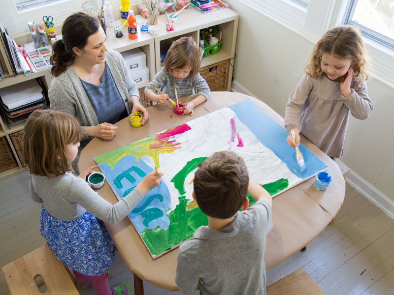 children and mother painting together