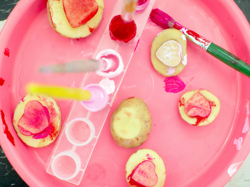 potato printing hearts