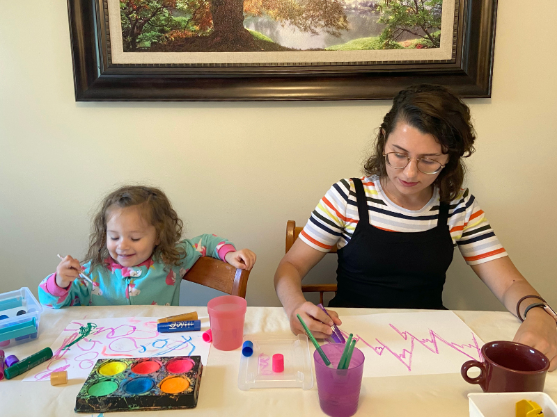 mother and daughter painting together