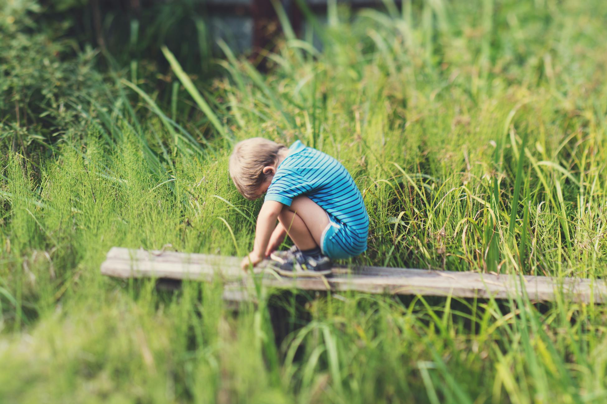 Child in striped outfit sitting on wood in grassy field, capturing peaceful innocence.
