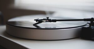 Close-up of a vinyl record spinning on a turntable