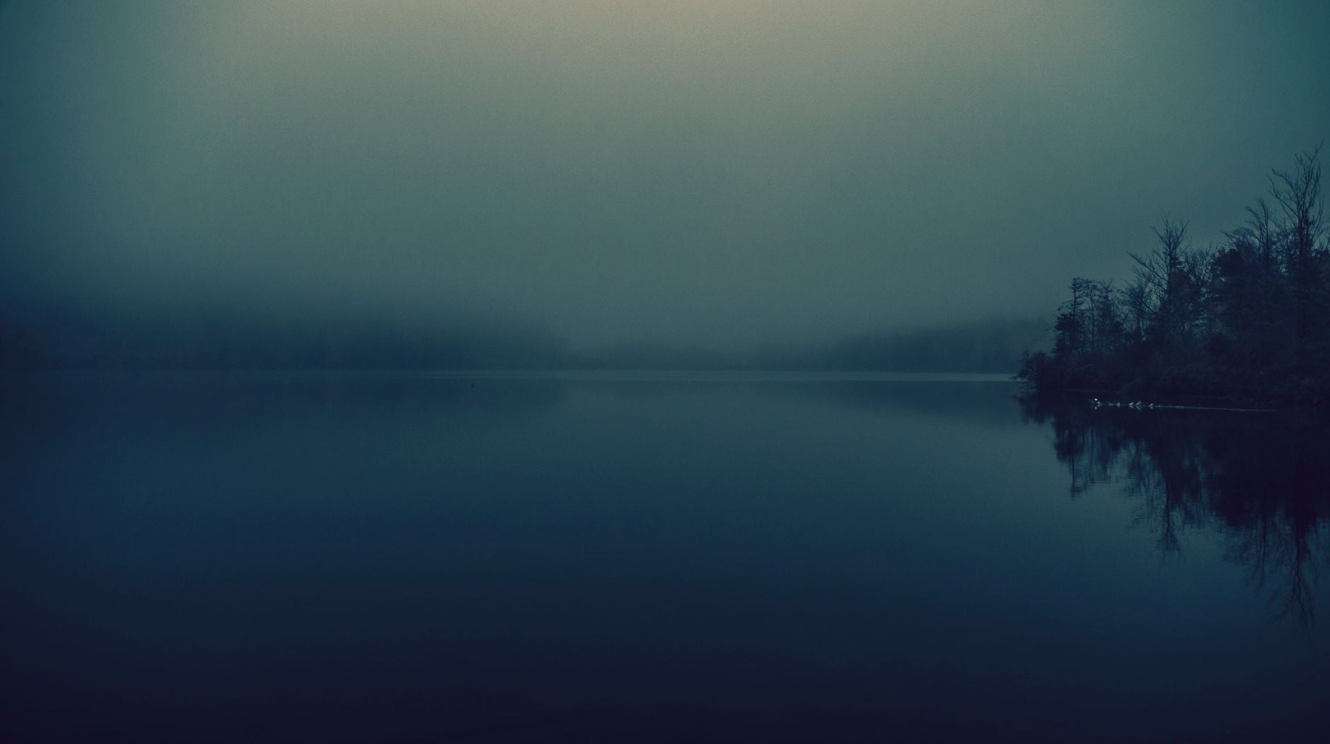A still, fog-covered lake at dawn with mirrored reflections.