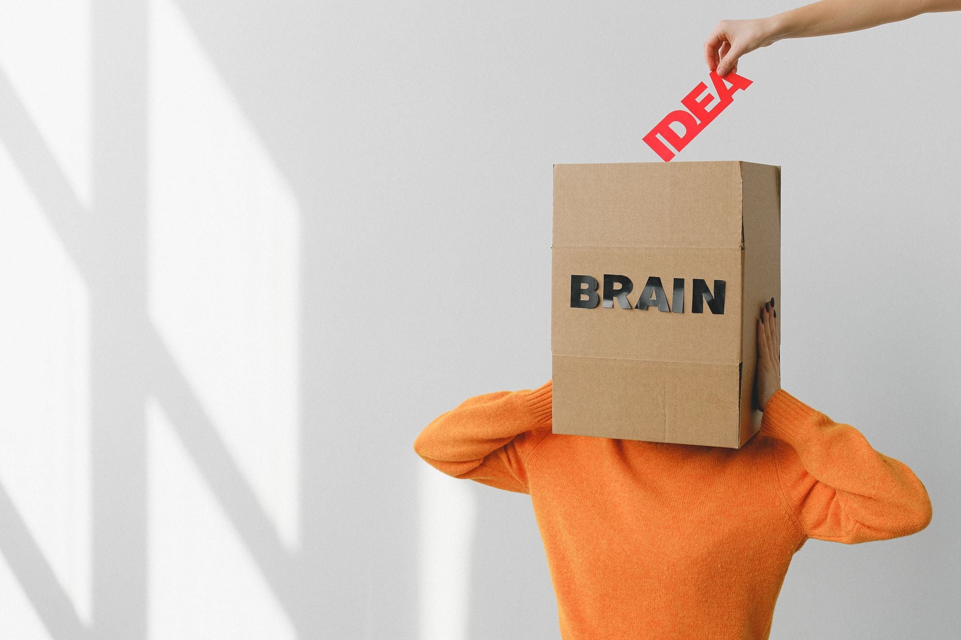 Faceless person putting Idea title in carton container with Brain inscription on head of female against wall with shadow