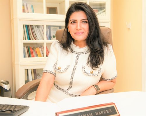 Dr. Sanam Hafeez at her desk